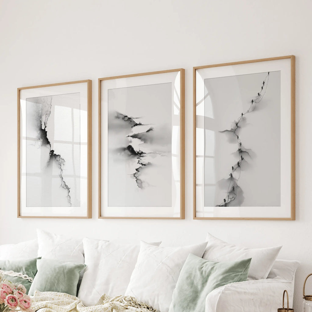 Abstract Mountain 3 Piece Wall Art. Black White Minimalist