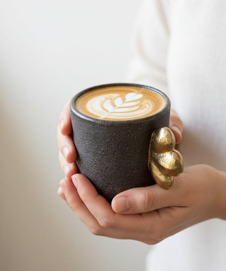 Handgemachte Steingut-Kaffeetasse "Pumpernickel" mit Blattgold