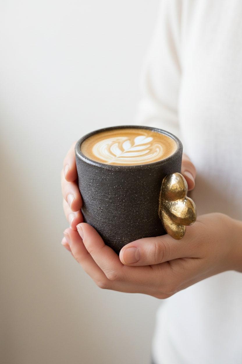 Handgemachte Steingut-Kaffeetasse "Pumpernickel" mit Blattgold