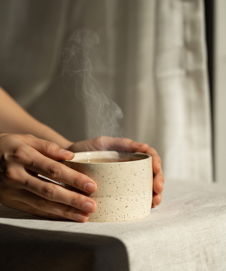 Handgemachte Steingut-Tasse — Weißer Sand gesprenkelt