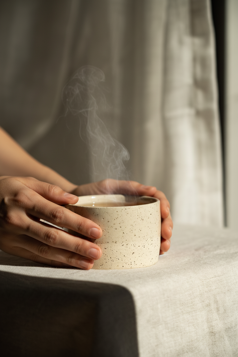 Handgemachte Steingut-Tasse — Weißer Sand gesprenkelt