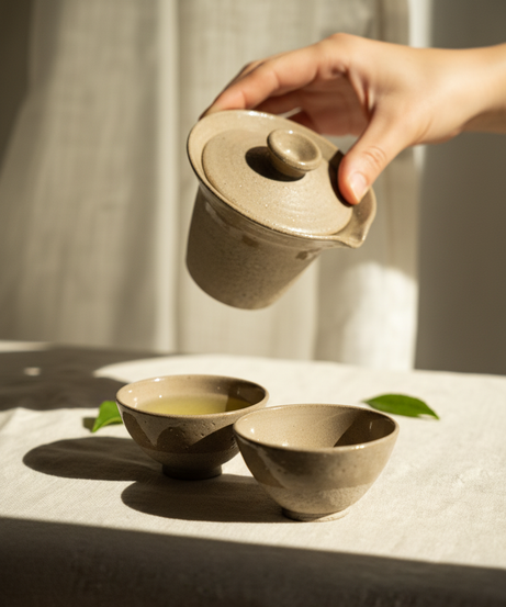 Handgefertigter Gaiwan aus Steinzeug – Grau mit Sprenkeln