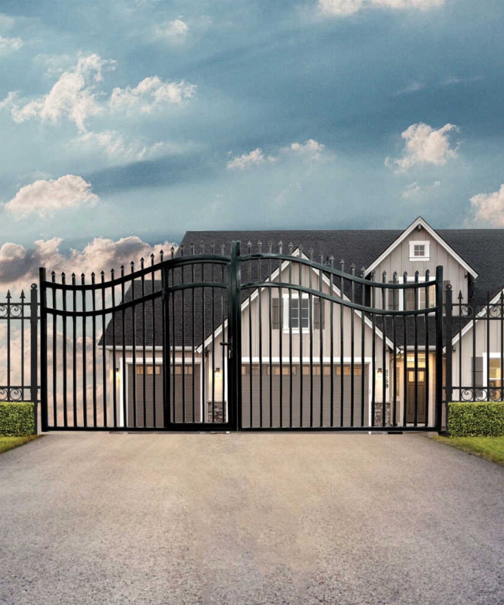 [12-18FT] Heavy-Duty Vienna-Style Steel Dual-Swing Driveway Gate With Built-In Pedestrian Door (SAK75103)
