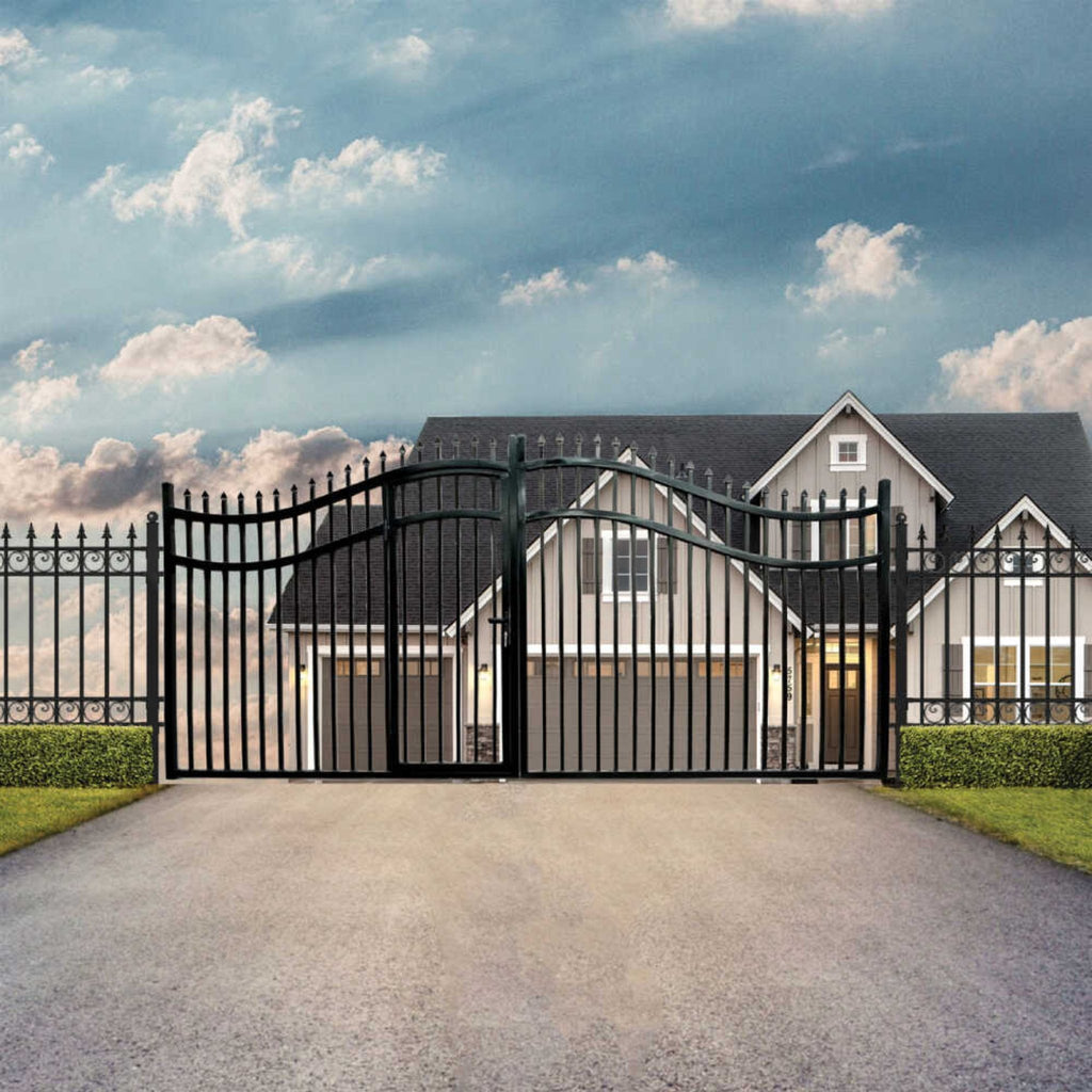 [12-18FT] Heavy-Duty Vienna-Style Steel Dual-Swing Driveway Gate With Built-In Pedestrian Door (SAK75103)