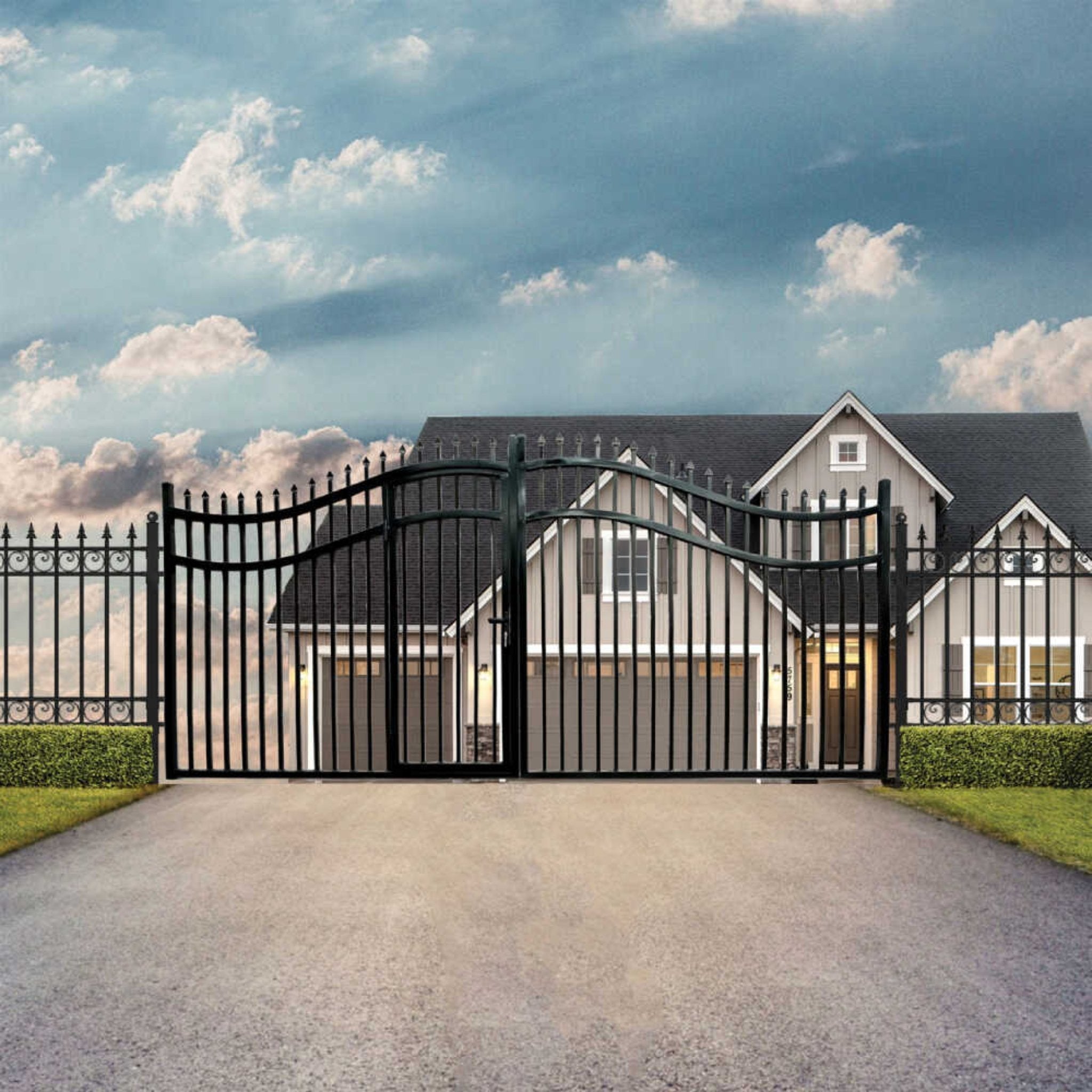 [12-18FT] Heavy-Duty Vienna-Style Steel Dual-Swing Driveway Gate With Built-In Pedestrian Door (SAK75103)