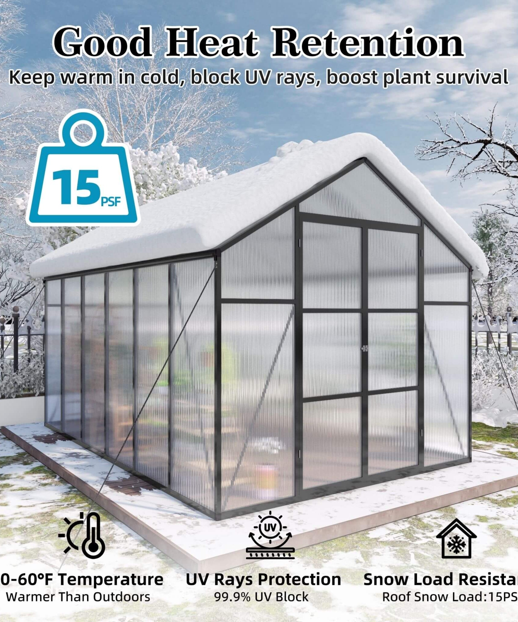 [08X12FT] All-Season Outdoor Backyard Polycarbonate Greenhouse With Raised Base And Aluminum Frame (SAK78614)
