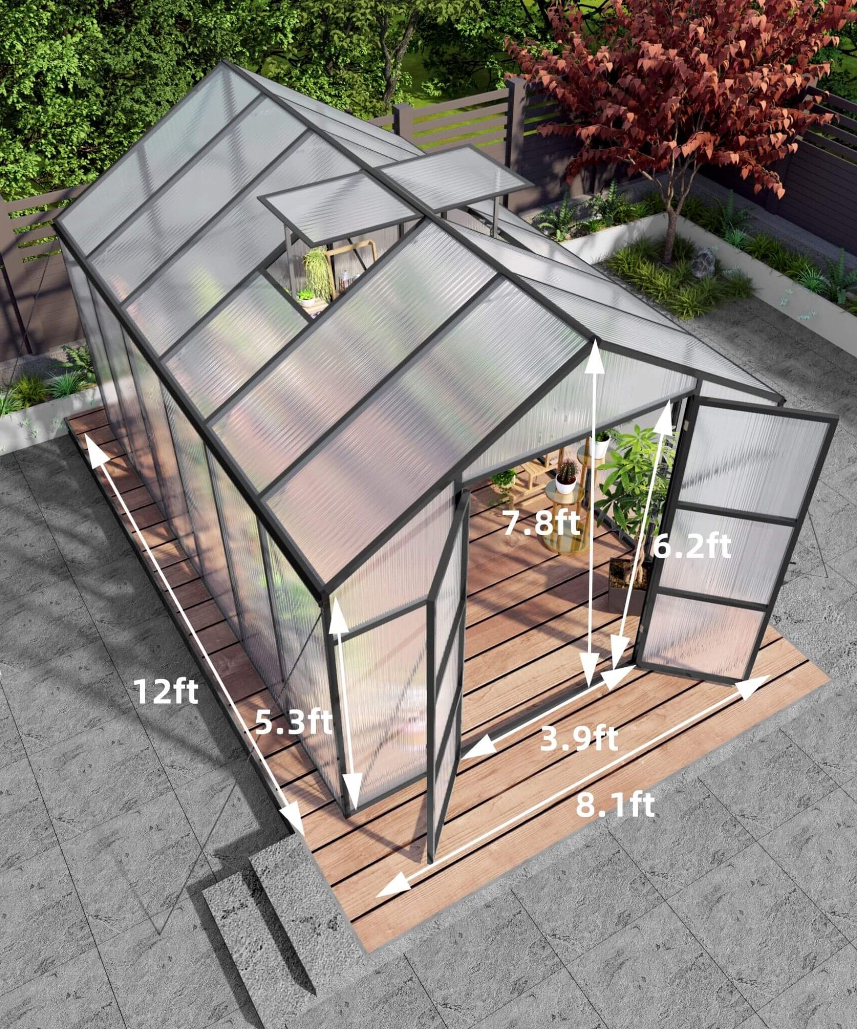 [08X12FT] All-Season Outdoor Backyard Polycarbonate Greenhouse With Raised Base And Aluminum Frame (SAK78614)