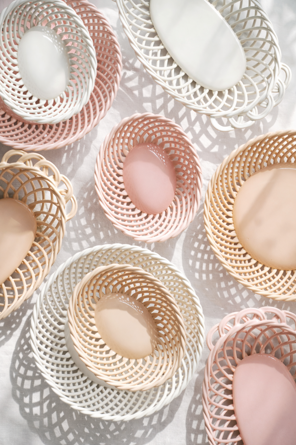 Hand-Woven Ceramic Basket -Small Oval Porcelain Dish in White, Beige & Pink