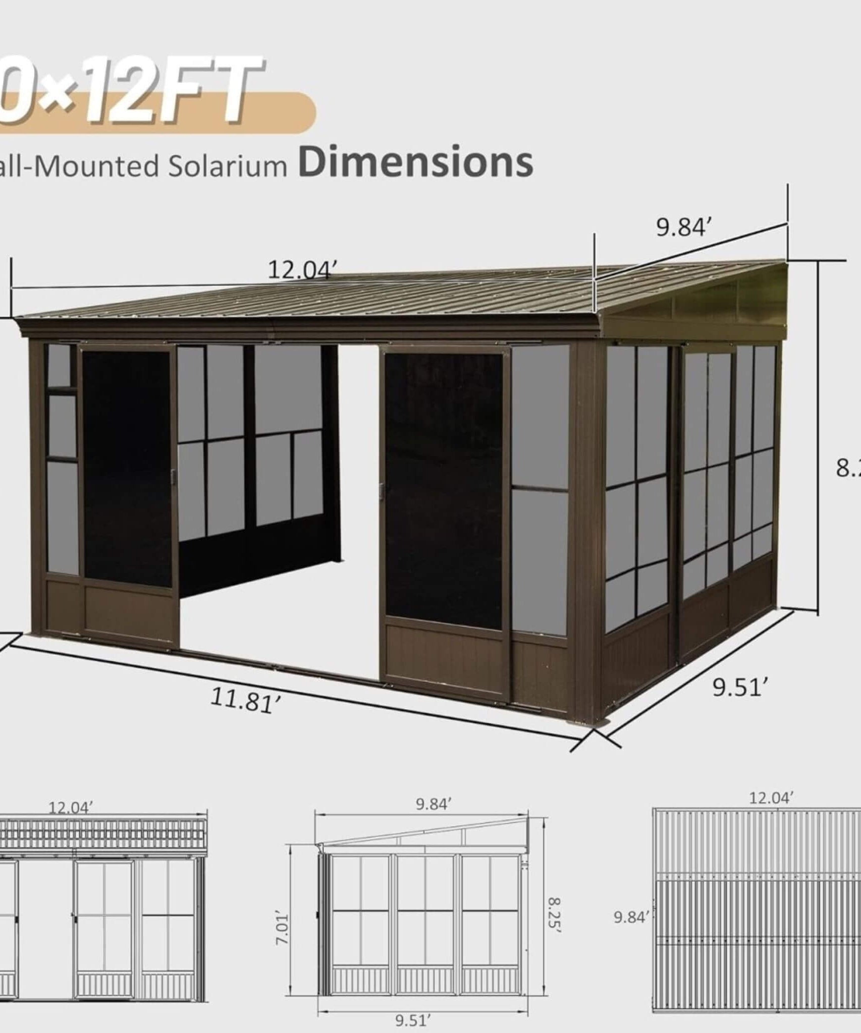[10X12FT] Alora Atrium Premium Against Wall Mounted Solarium Sunroom With Galvanized Steel Sloping Roof (SAK96375)