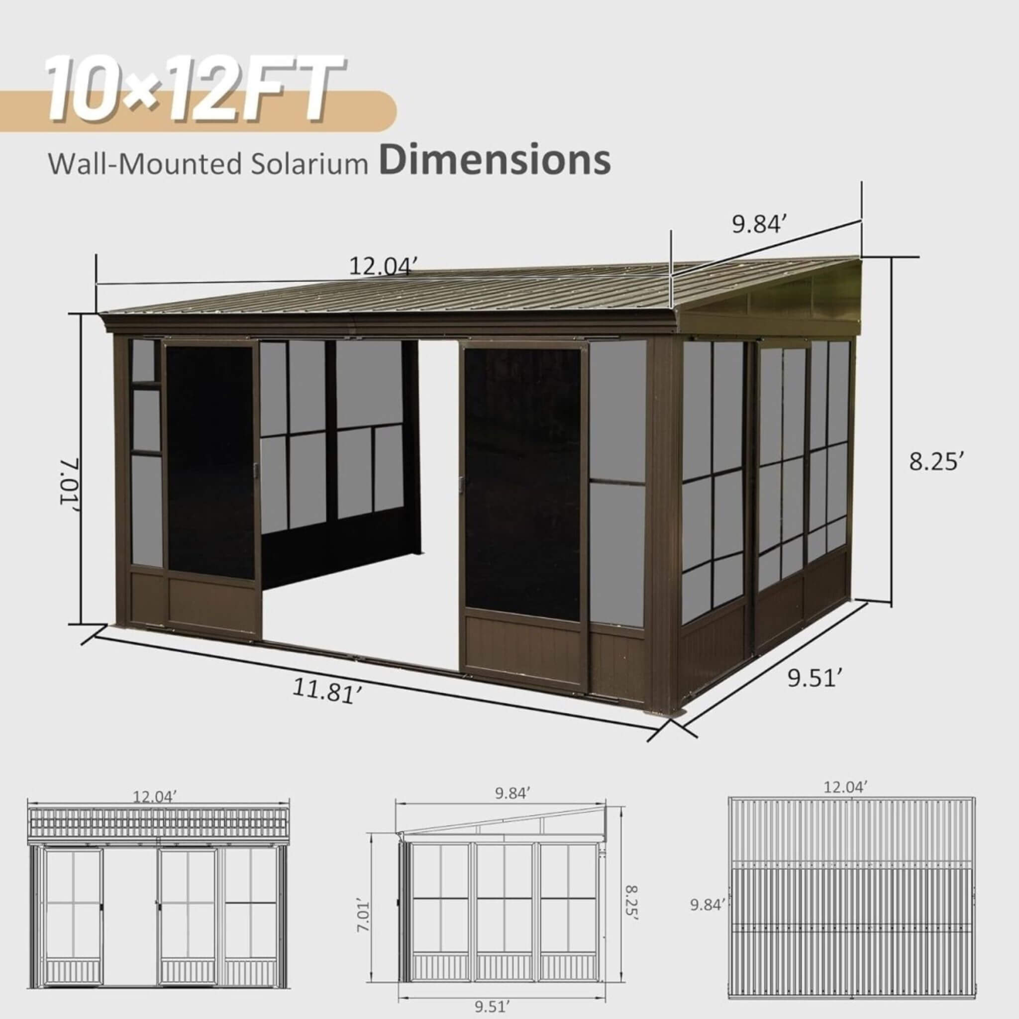 [10X12FT] Alora Atrium Premium Against Wall Mounted Solarium Sunroom With Galvanized Steel Sloping Roof (SAK96375)