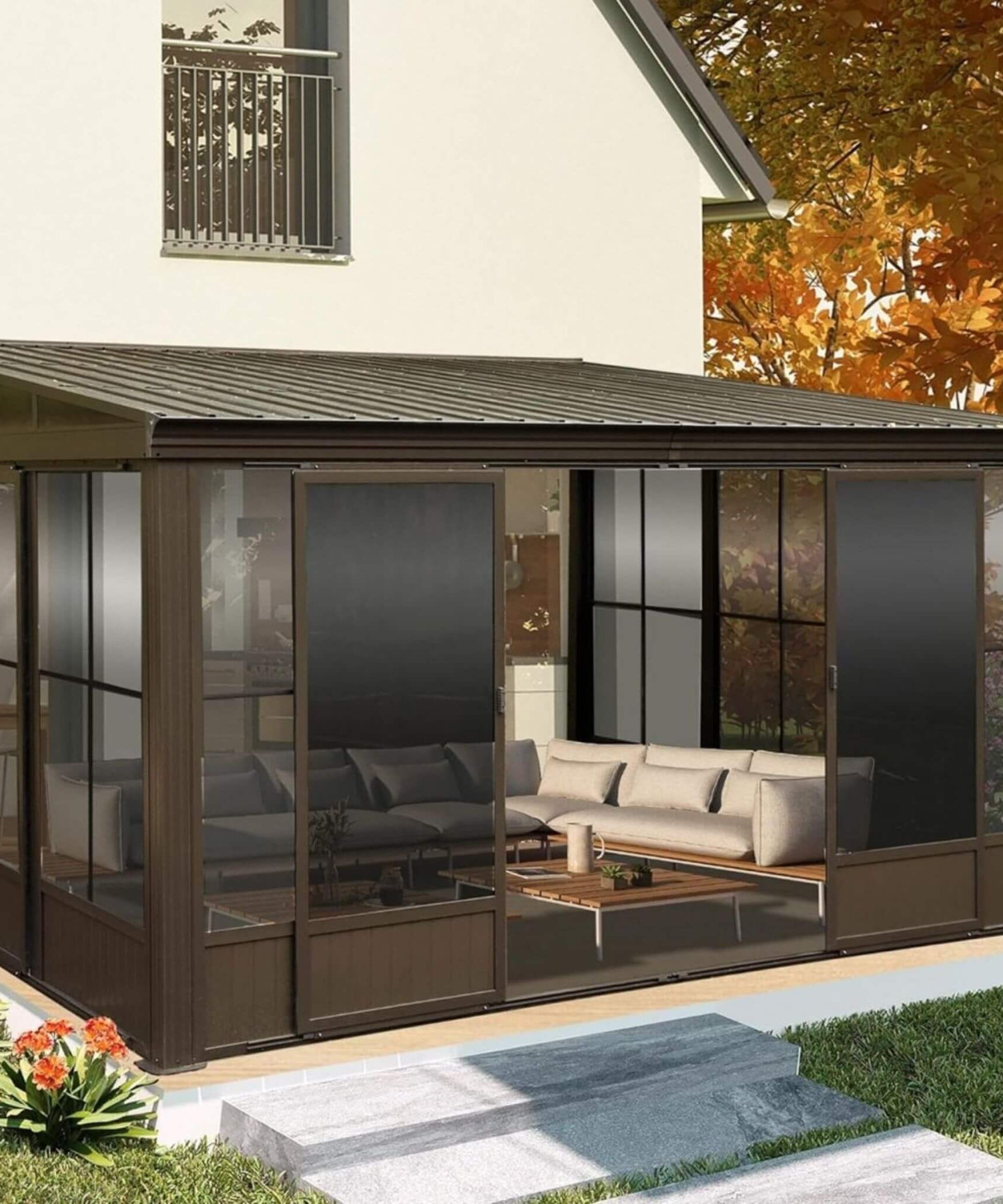 [10X12FT] Alora Atrium Premium Against Wall Mounted Solarium Sunroom With Galvanized Steel Sloping Roof (SAK96375)