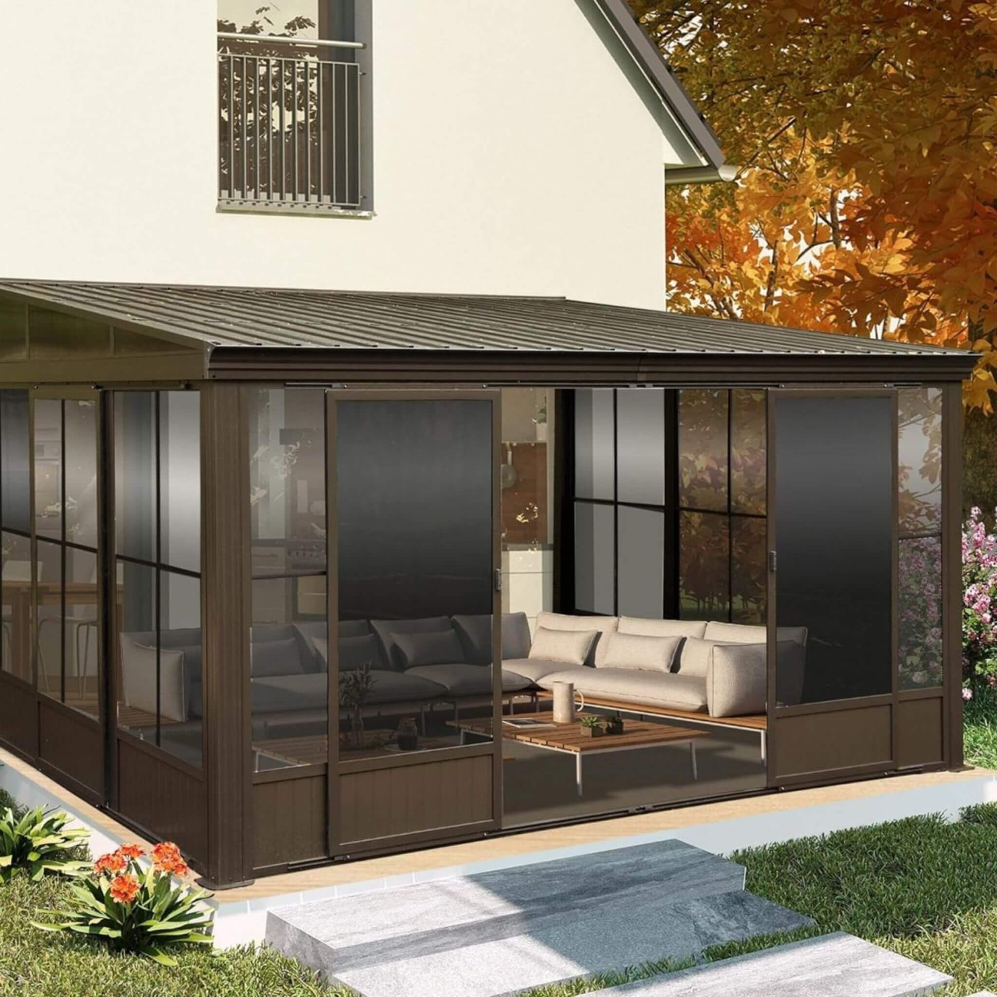 [10X12FT] Alora Atrium Premium Against Wall Mounted Solarium Sunroom With Galvanized Steel Sloping Roof (SAK96375)