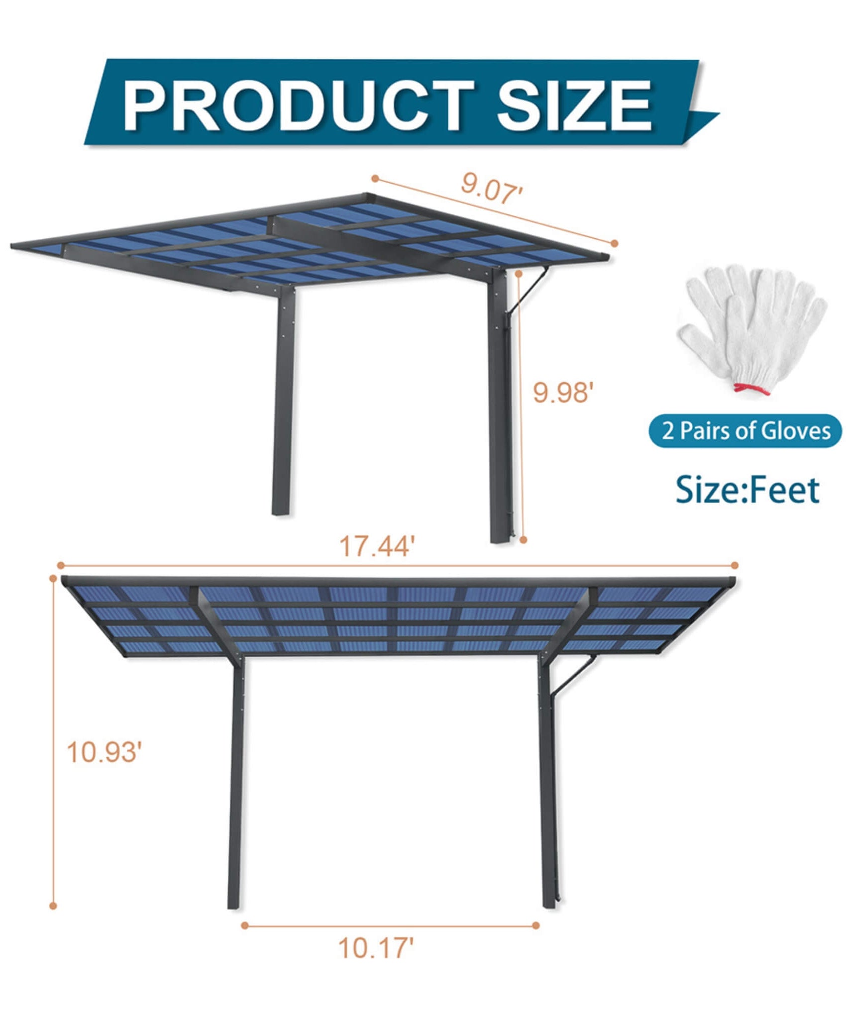 [10X17FT] Alora Extra-Large Heavy-Duty Outdoor Aluminum Single Side Carport With Galvanized Metal Roof (SAK31279)
