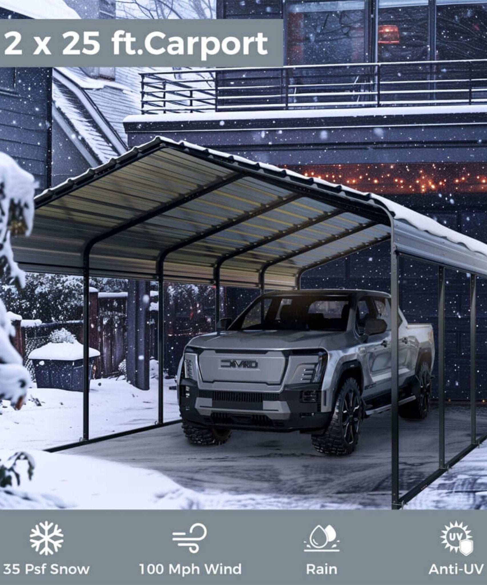 [12X25FT] Alora Heavy-Duty Extra-Large Multi Vehicle Carport Kit With Galvanized Steel Roof (SAK37514)