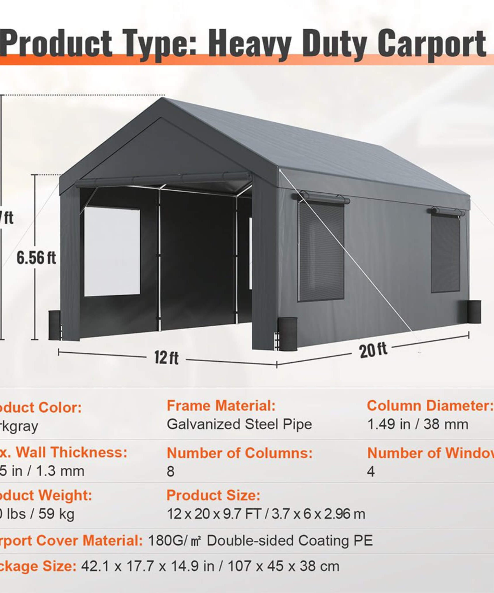 [12X20FT] Alora Heavy-Duty Outdoor Premium Garage Tarp Canopy Shelter W/ Removable Sidewalls (SAK94615)