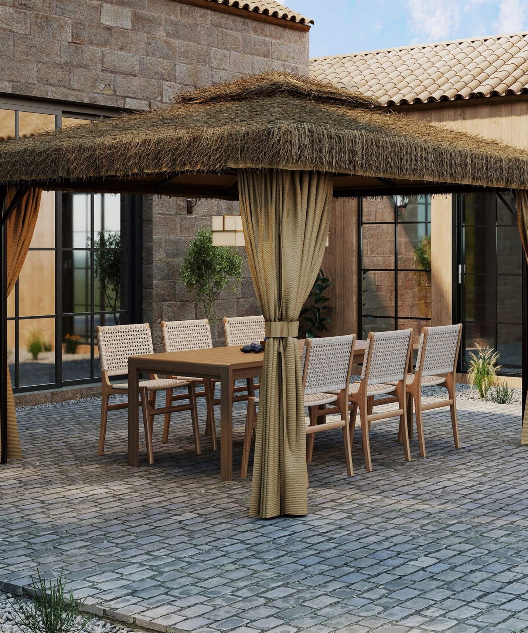 Alora Outdoor Double Canopy Aluminum Patio Gazebo With Hawaiian Thatch Roof (SAK39068)