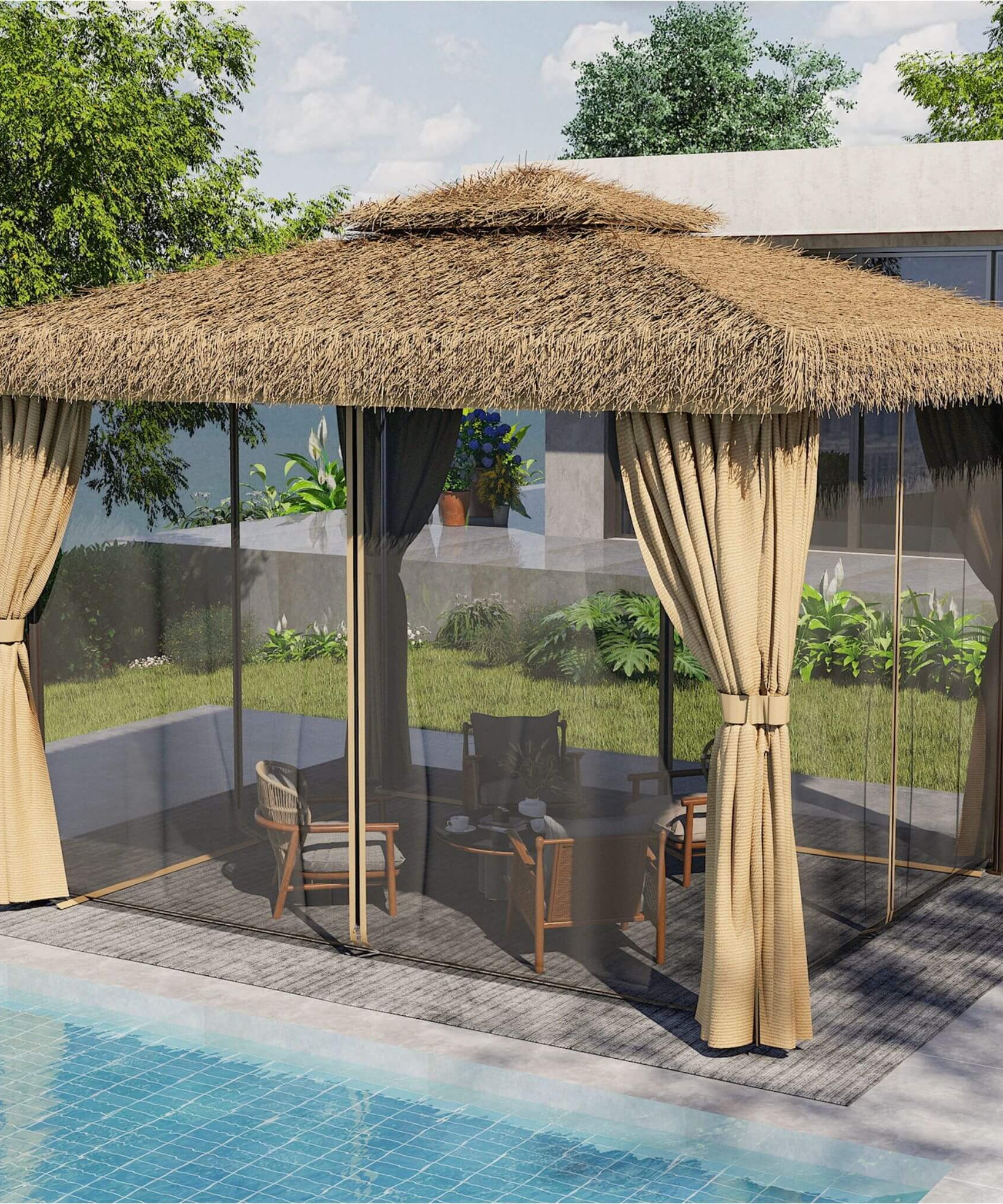 Alora Outdoor Double Canopy Aluminum Patio Gazebo With Hawaiian Thatch Roof (SAK39068)