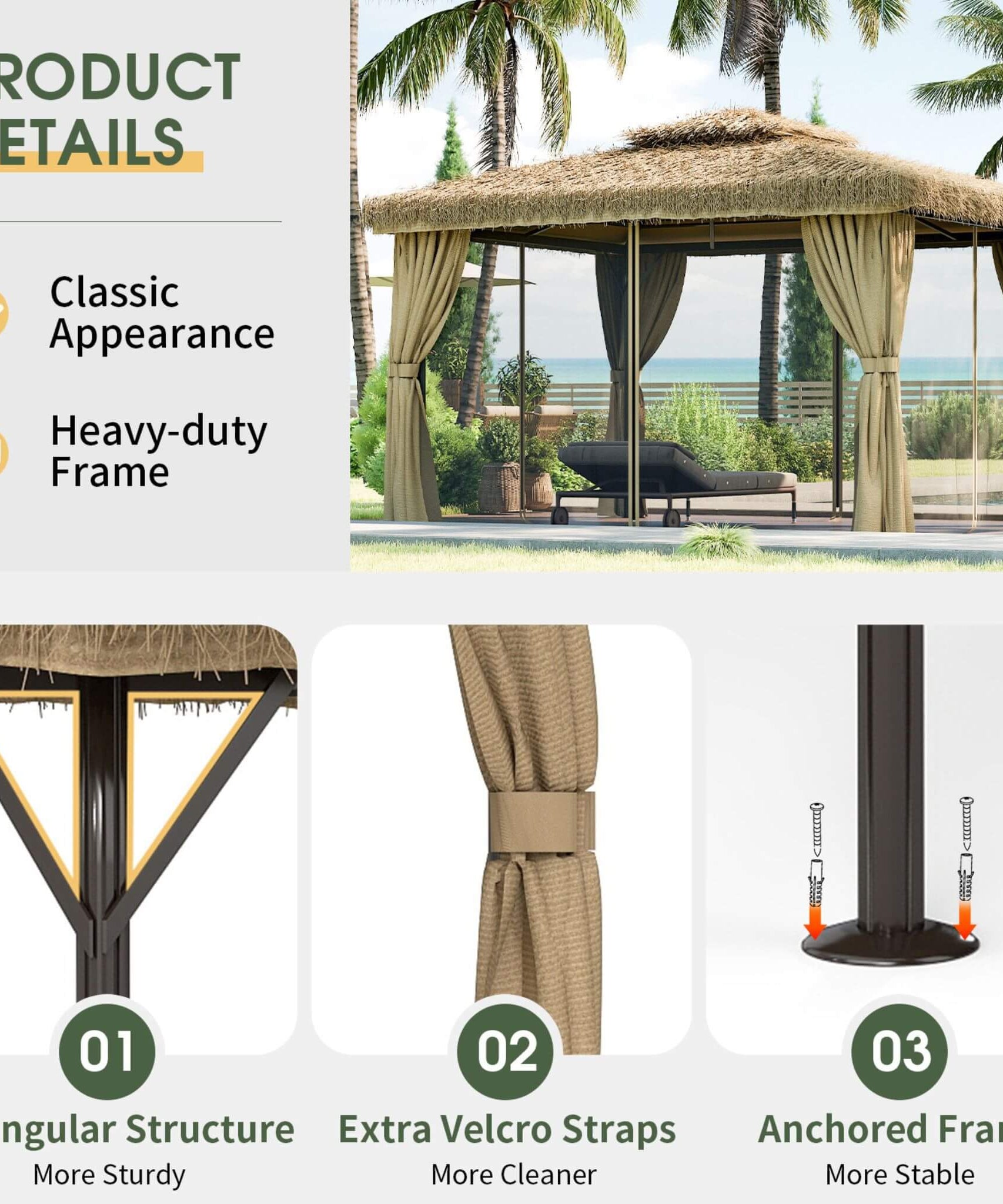 Alora Outdoor Double Canopy Aluminum Patio Gazebo With Hawaiian Thatch Roof (SAK39068)