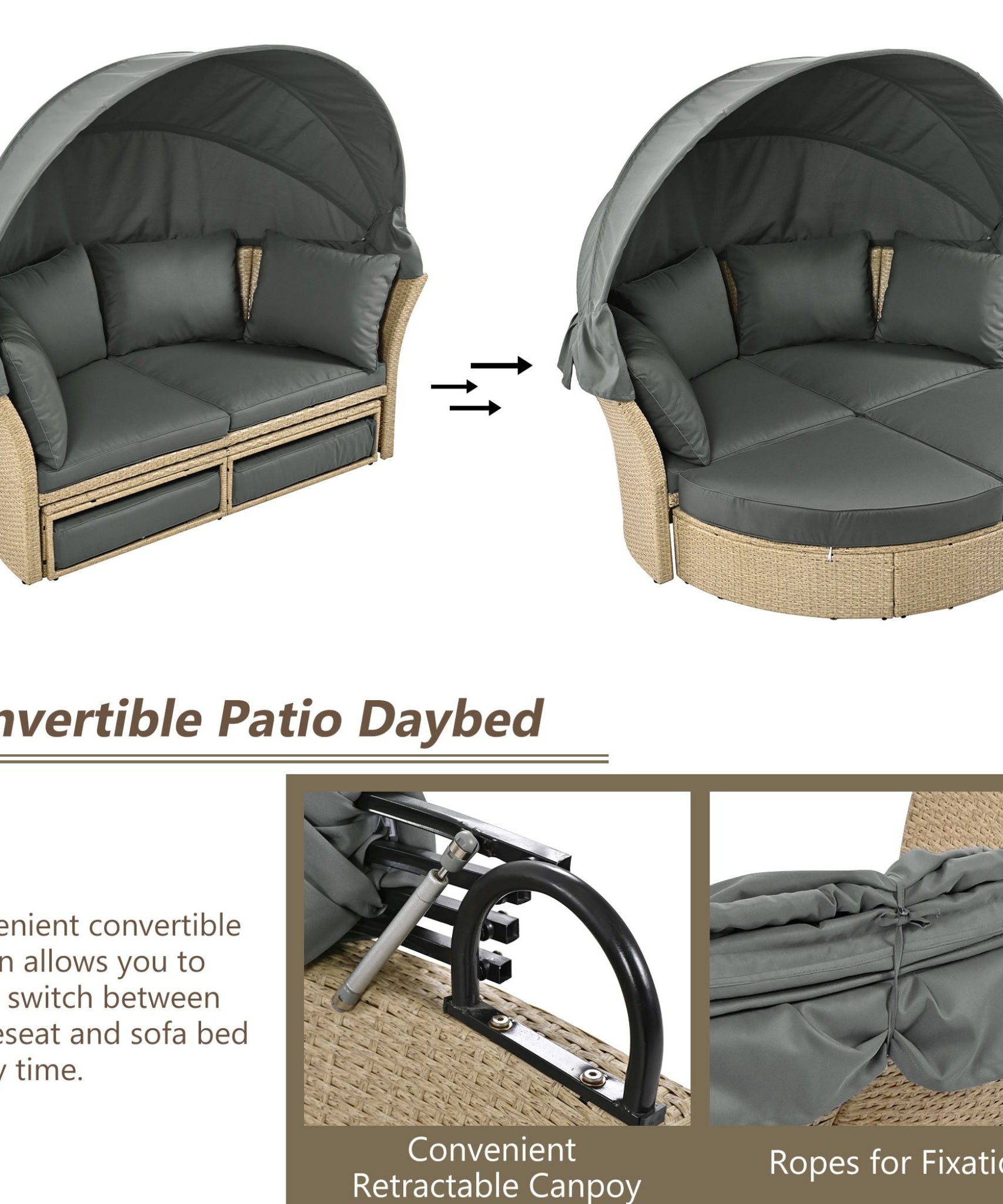 Alora Premium Outdoor Garden Wicker Rattan Patio Daybed With Retractable Canopy (SAK43581)
