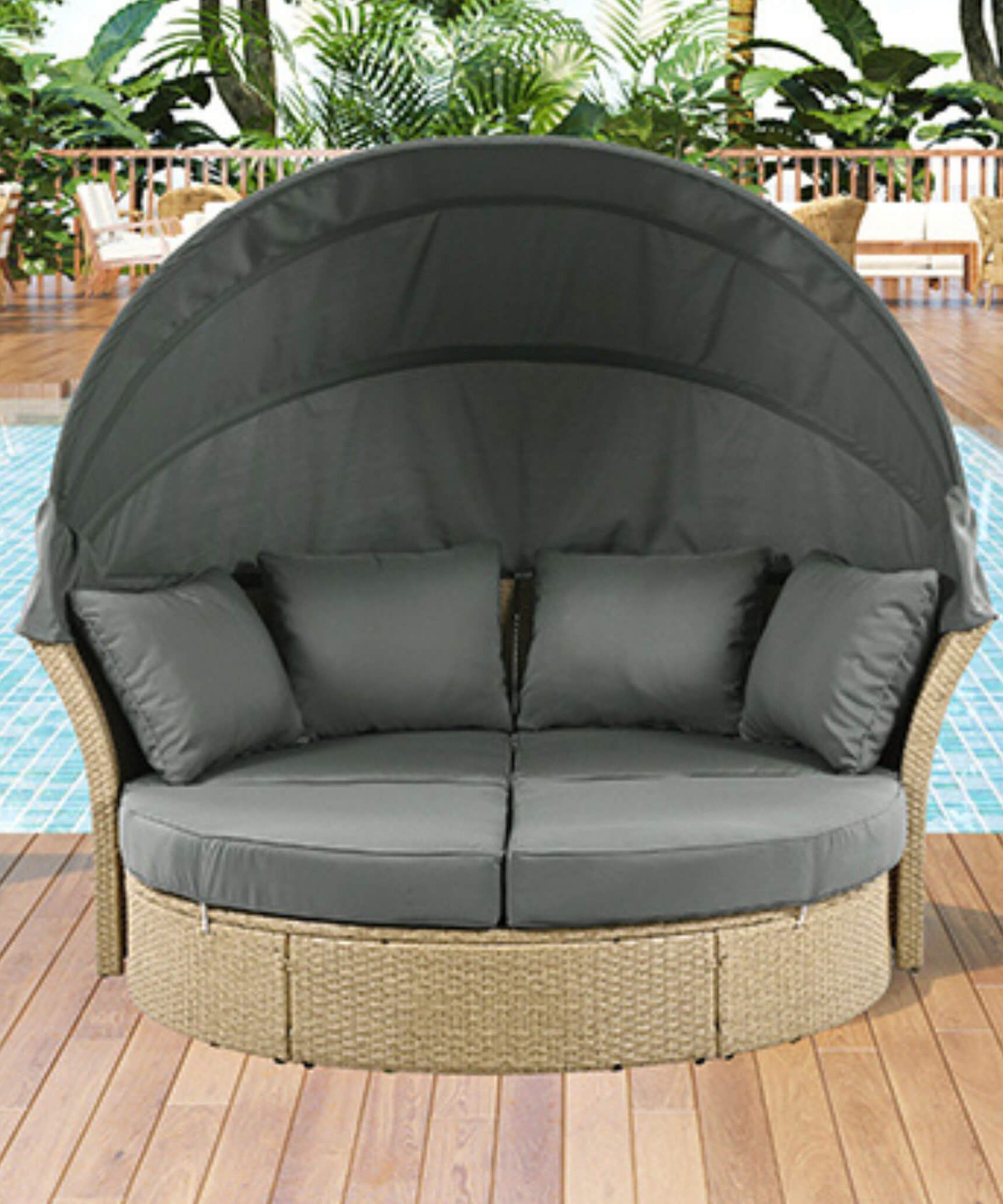 Alora Premium Outdoor Garden Wicker Rattan Patio Daybed With Retractable Canopy (SAK43581)
