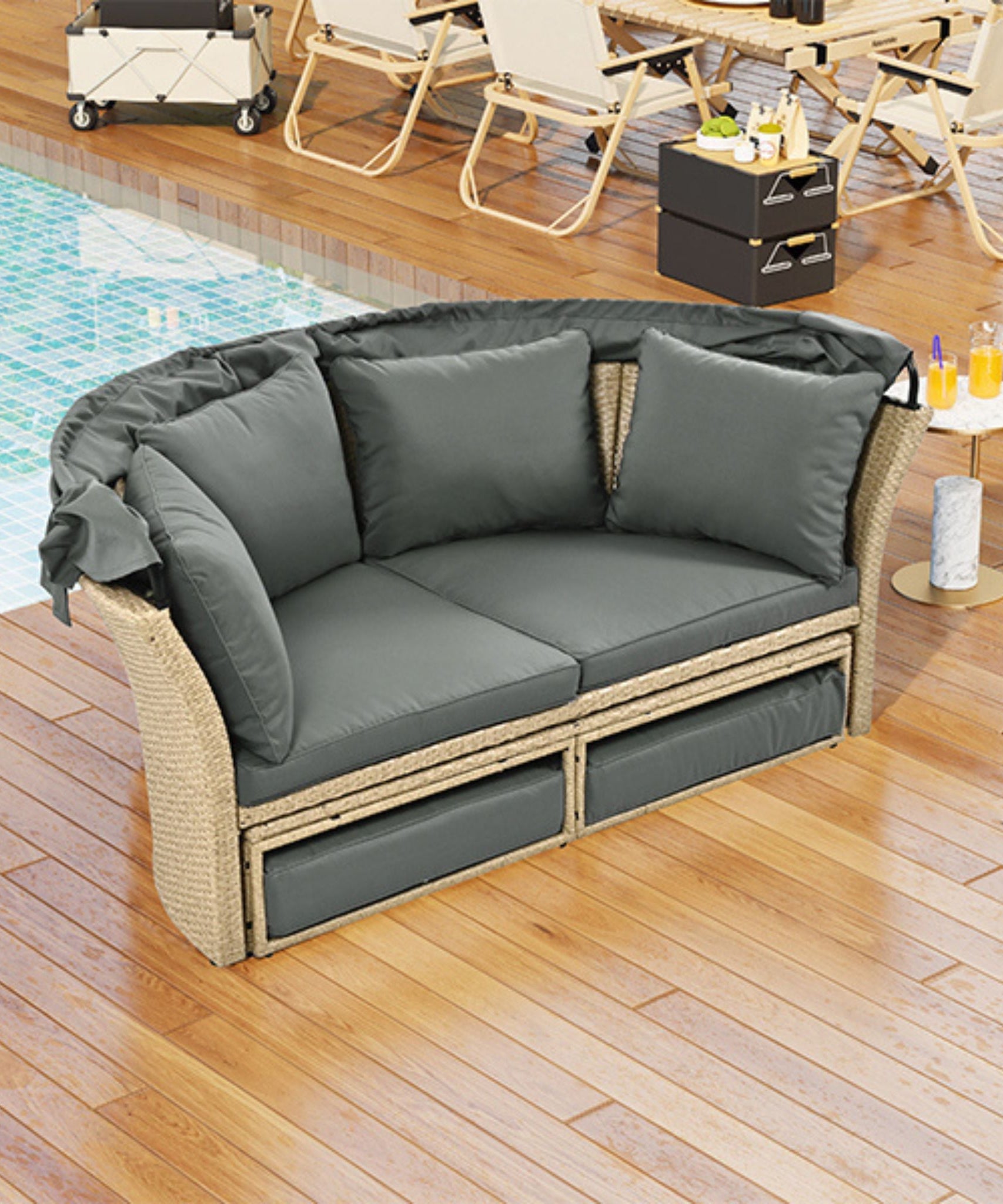 Alora Premium Outdoor Garden Wicker Rattan Patio Daybed With Retractable Canopy (SAK43581)
