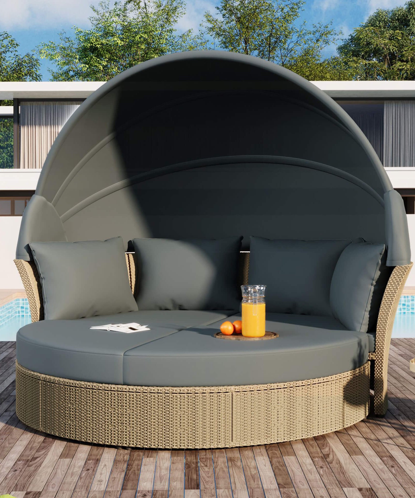 Alora Premium Outdoor Garden Wicker Rattan Patio Daybed With Retractable Canopy (SAK43581)