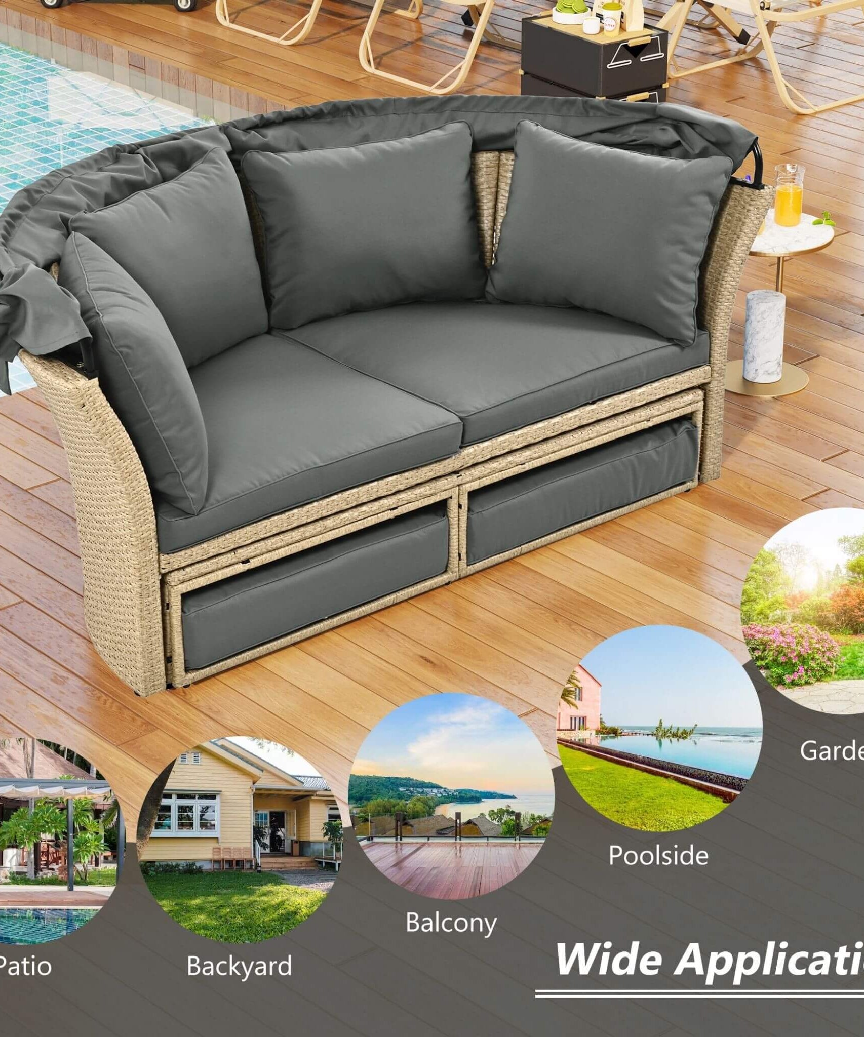 Alora Premium Outdoor Garden Wicker Rattan Patio Daybed With Retractable Canopy (SAK43581)