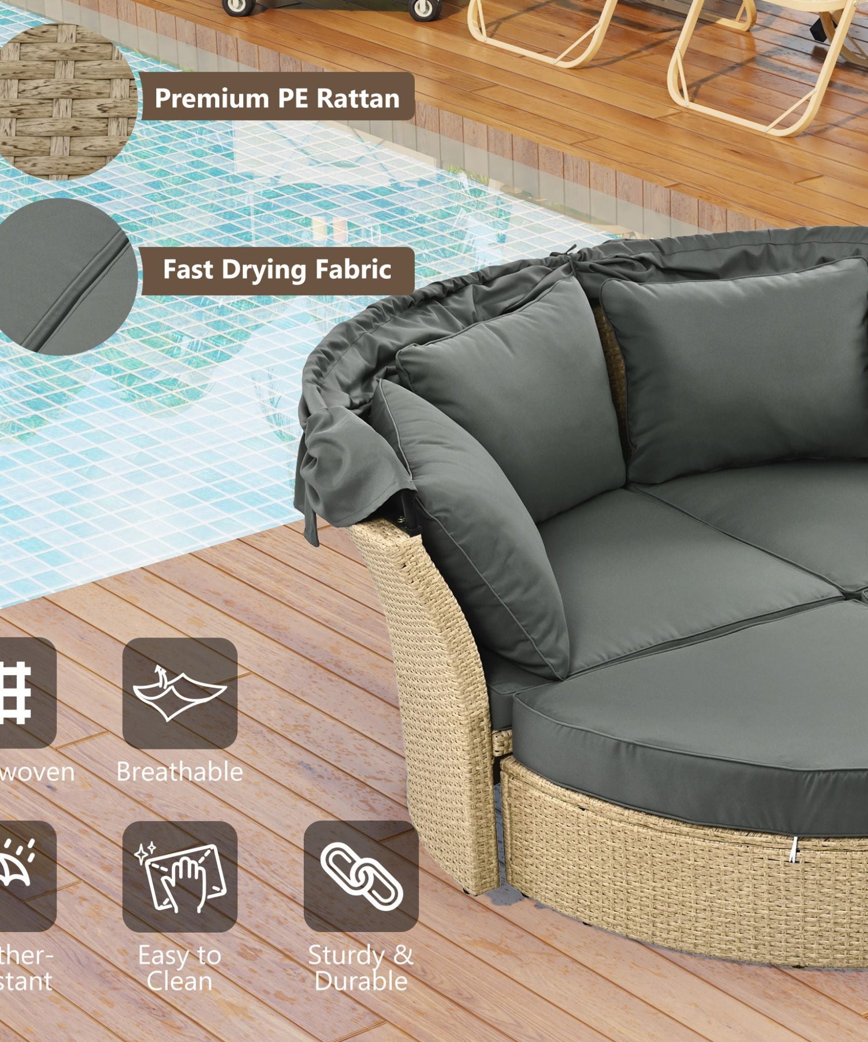 Alora Premium Outdoor Garden Wicker Rattan Patio Daybed With Retractable Canopy (SAK43581)