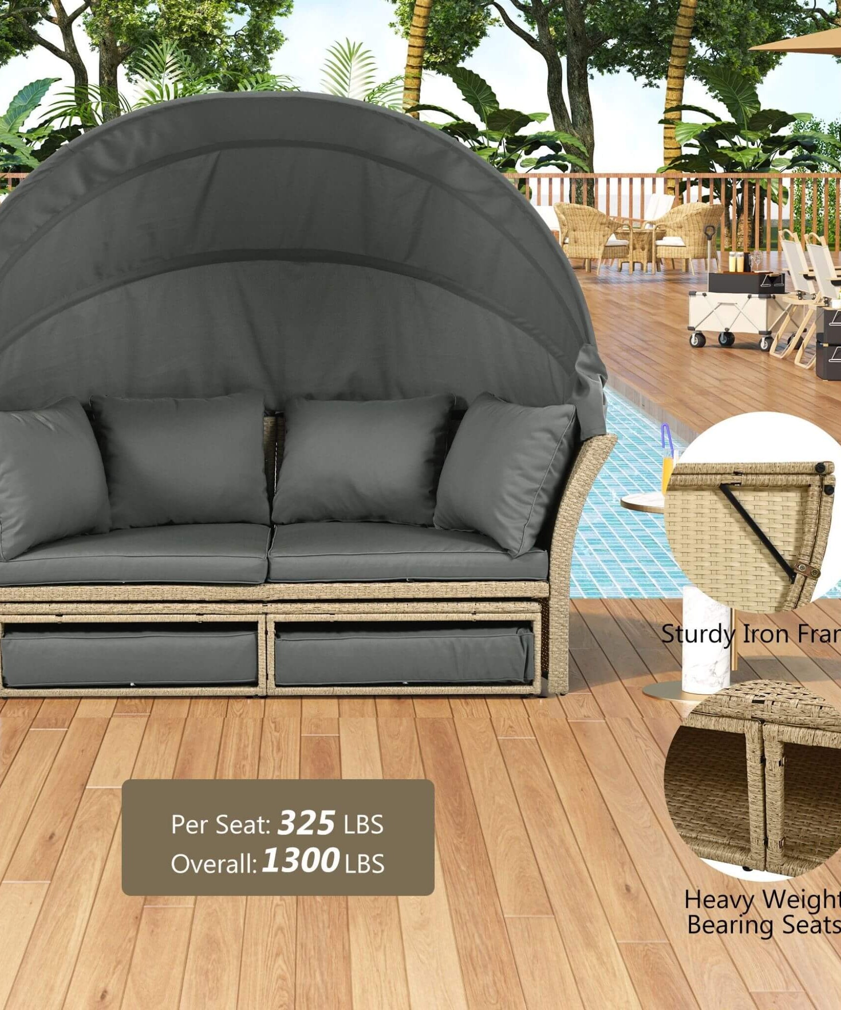 Alora Premium Outdoor Garden Wicker Rattan Patio Daybed With Retractable Canopy (SAK43581)