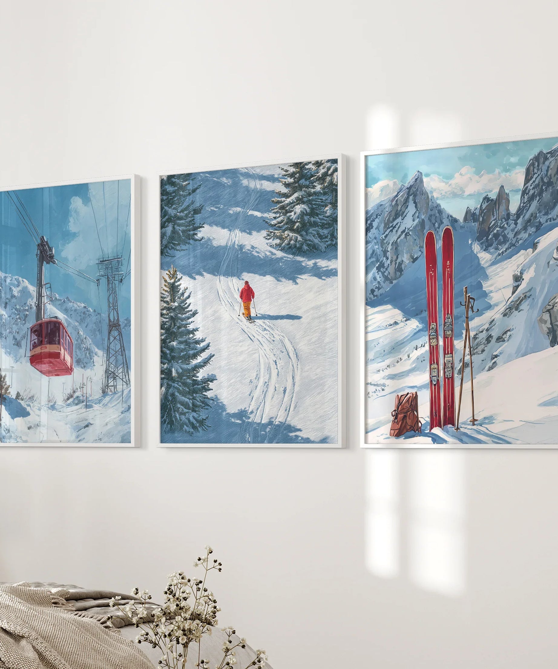 Snowy Mountain Wall Art Set: Skier, Red Skis, Snowy Trees