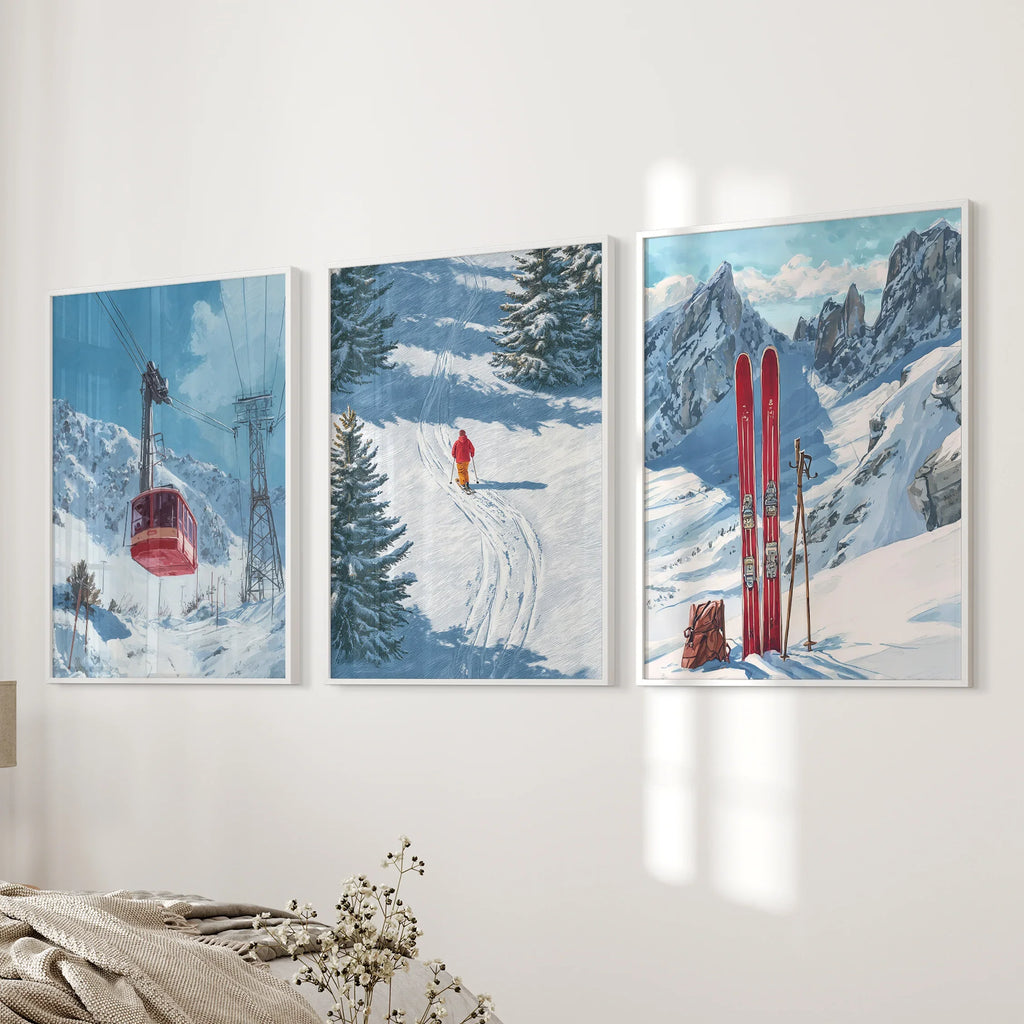 Snowy Mountain Wall Art Set: Skier, Red Skis, Snowy Trees