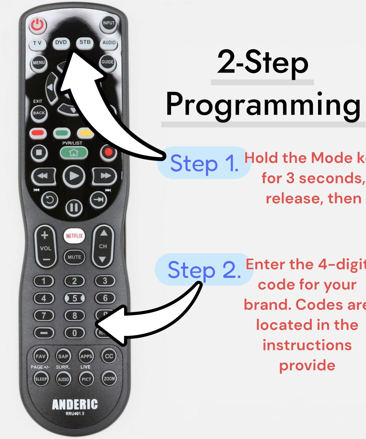 Anderic RRU401.7 4-Device Universal Remote Control with Backlight, Macro and Learning for TV, Cable, Streaming, DVD and more