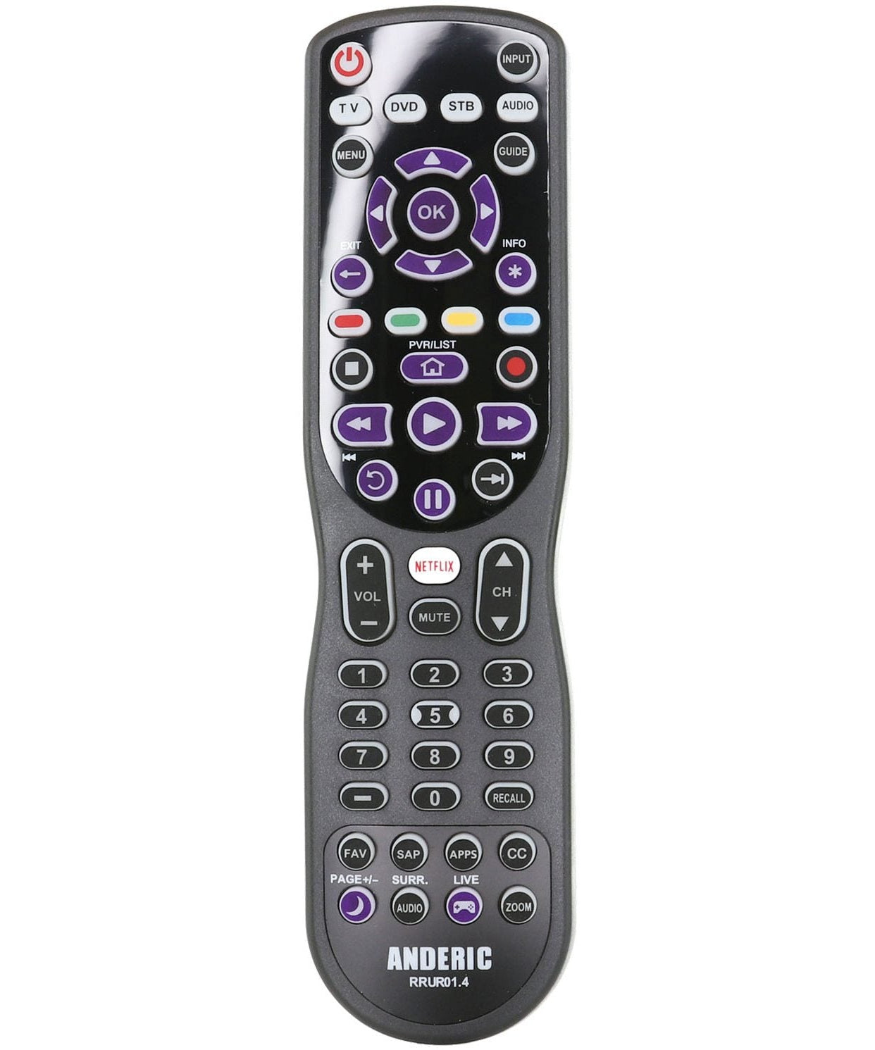 Anderic RRUR01.8 4-Device Universal Remote Control for Roku Streaming Players & Roku TV's with Backlighting, Learning, and Macro