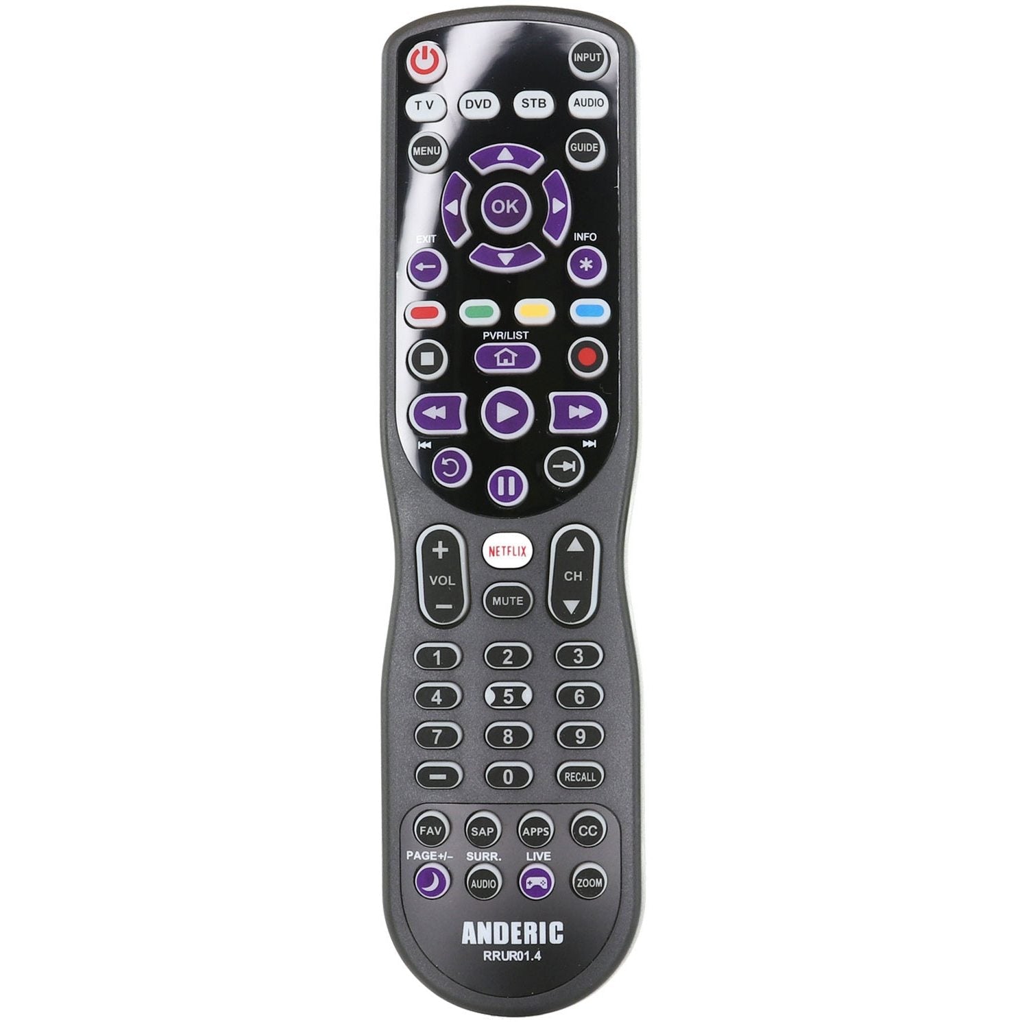 Anderic RRUR01.8 4-Device Universal Remote Control for Roku Streaming Players & Roku TV's with Backlighting, Learning, and Macro