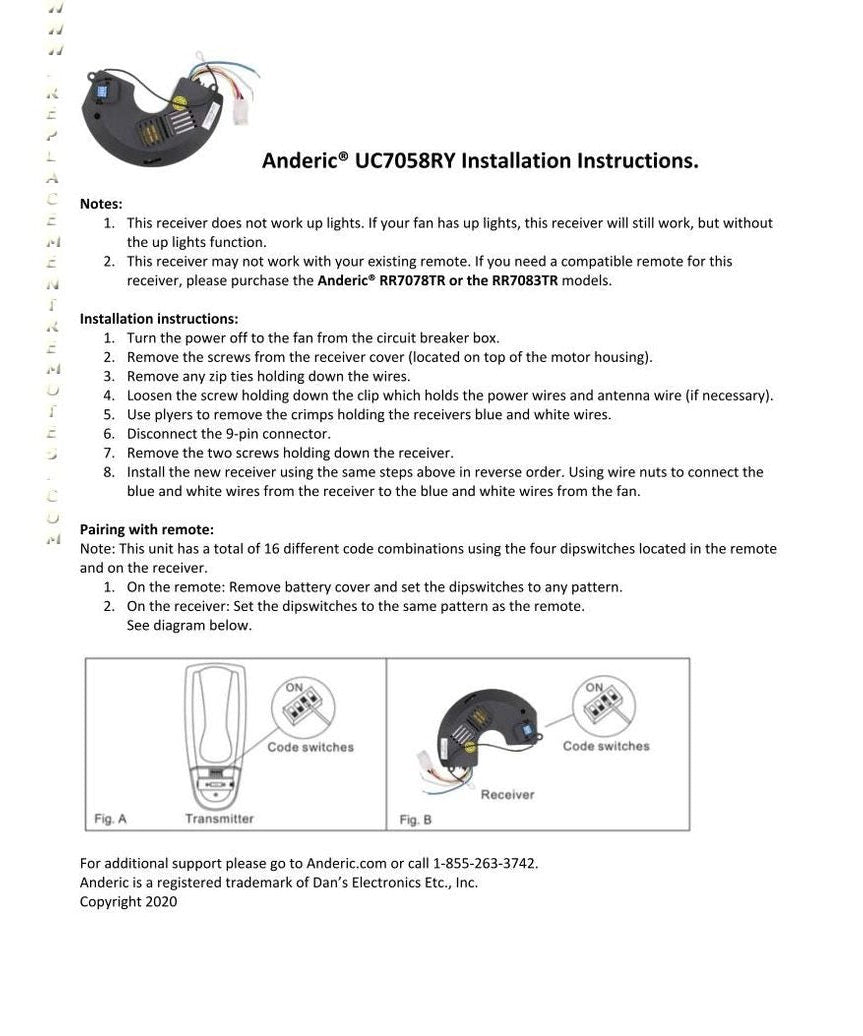 Anderic UC7058RKIT Replacement Ceiling Fan Remote Control Kit for Windward II 54-inch Ceiling Fans UC7058RY, RR7078TR