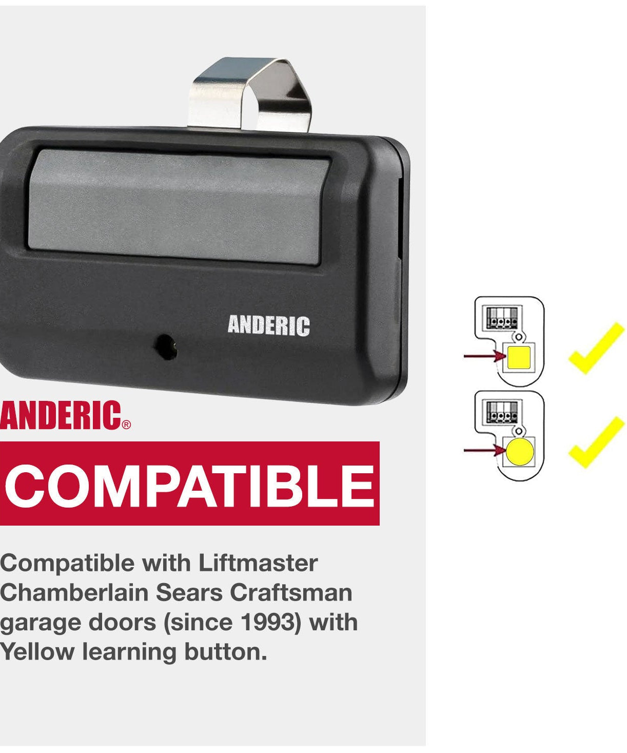 Anderic 891LM 950ESTD Garage Door Opener Remote Control for Liftmaster, Chamberlain, Sears, and Craftsman with Yellow Learn Key