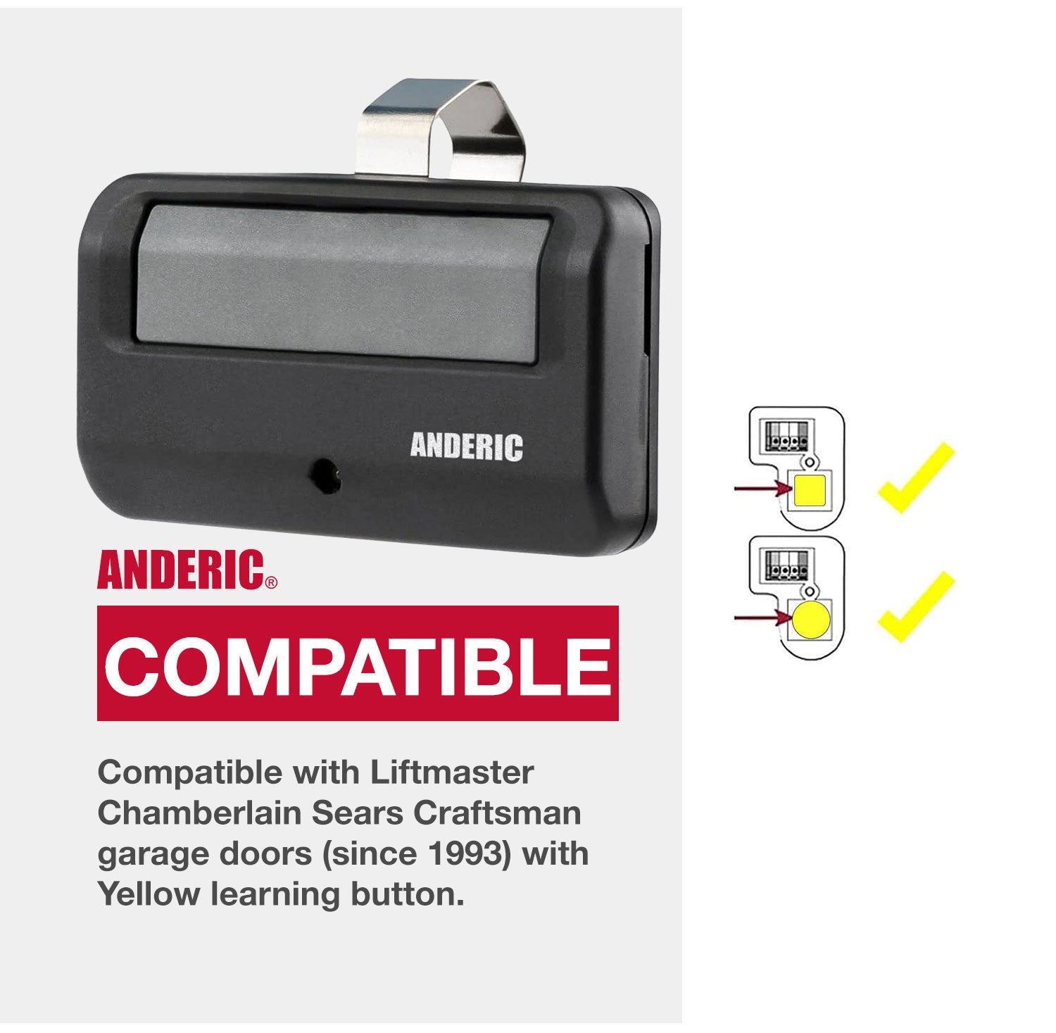 Anderic 891LM 950ESTD Garage Door Opener Remote Control for Liftmaster, Chamberlain, Sears, and Craftsman with Yellow Learn Key