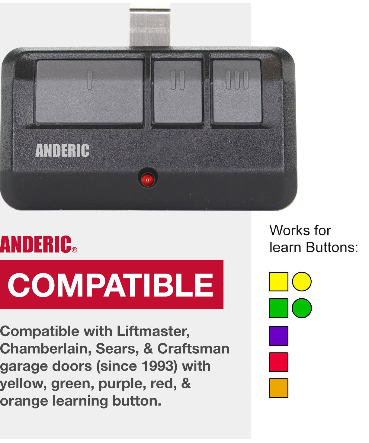 Anderic 893MAX Universal Garage Door Opener Remote Control for Liftmaster for Purple, Yellow, Green, Red, and Orange Learning Key
