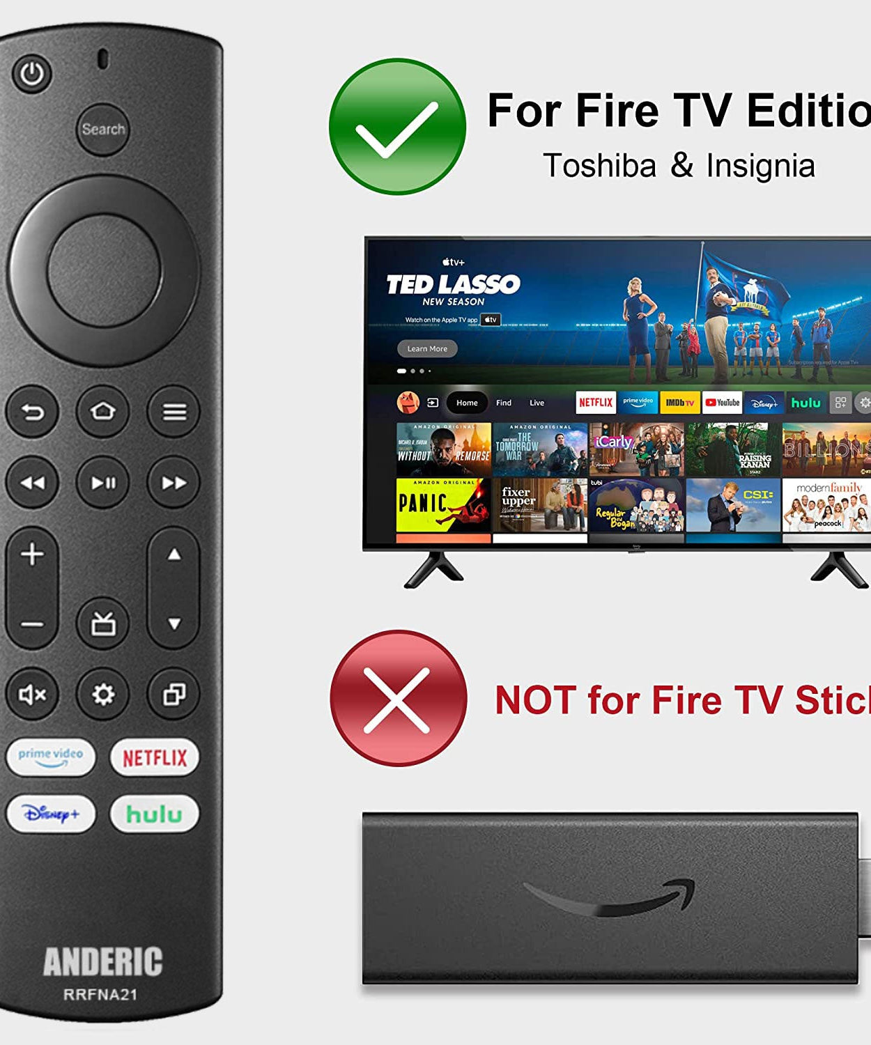 Anderic RRFNA21 for Insignia and Toshiba Fire IR TV Remote Control | Prime Video | Netflix | Disney + | Hulu - RRFNA21