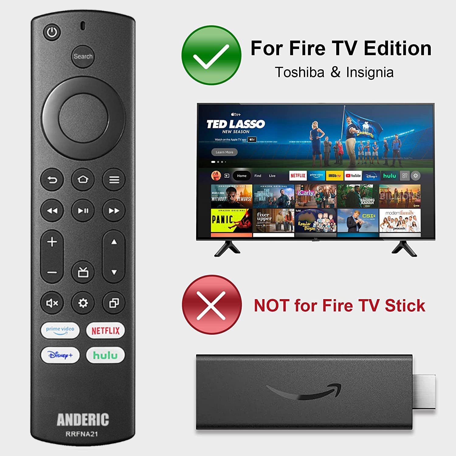 Anderic RRFNA21 for Insignia and Toshiba Fire IR TV Remote Control | Prime Video | Netflix | Disney + | Hulu - RRFNA21