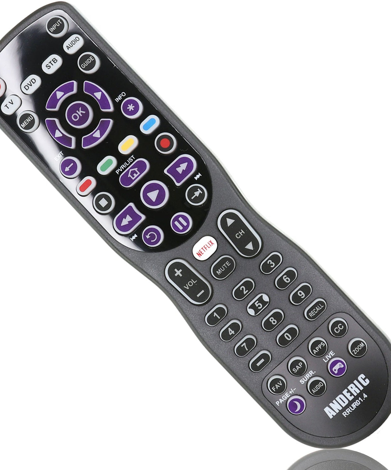 Anderic RRUR01.8 4-Device Universal Remote Control for Roku Streaming Players & Roku TV's with Backlighting, Learning, and Macro