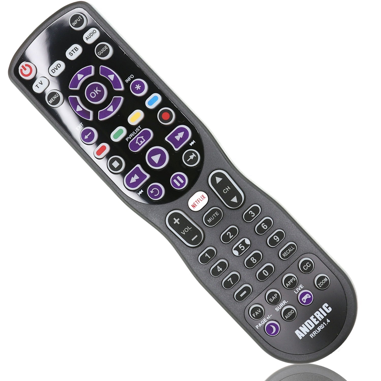 Anderic RRUR01.8 4-Device Universal Remote Control for Roku Streaming Players & Roku TV's with Backlighting, Learning, and Macro