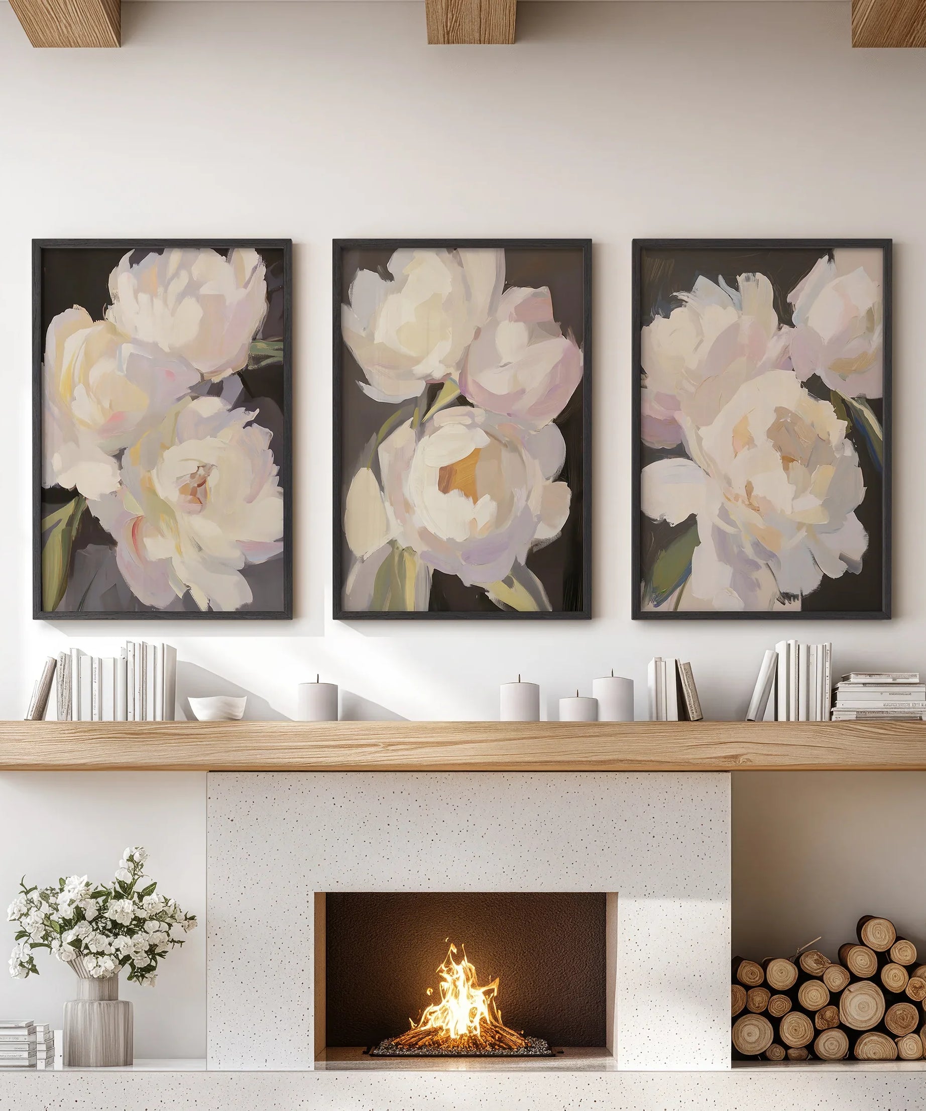 Moody Pink and White Peonies Art. Floral Set of 3 Prints