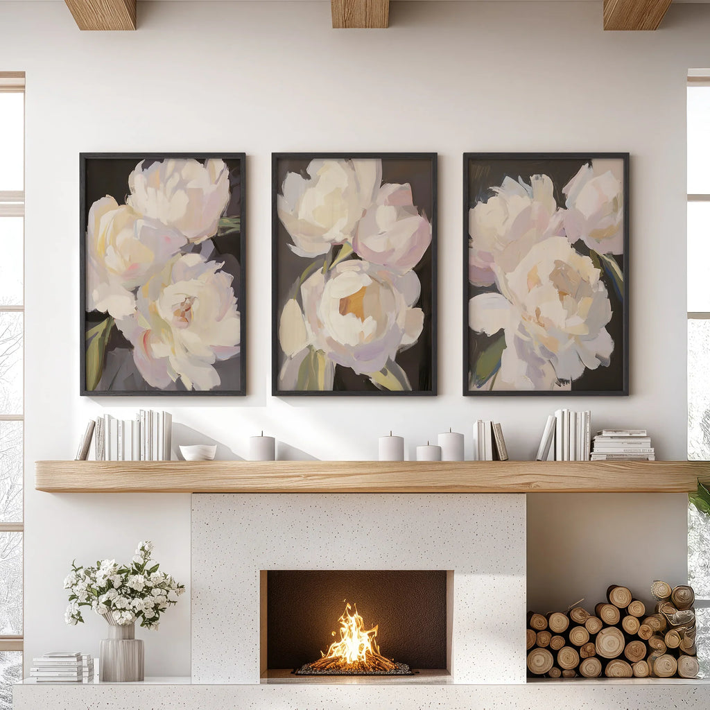 Moody Pink and White Peonies Art. Floral Set of 3 Prints