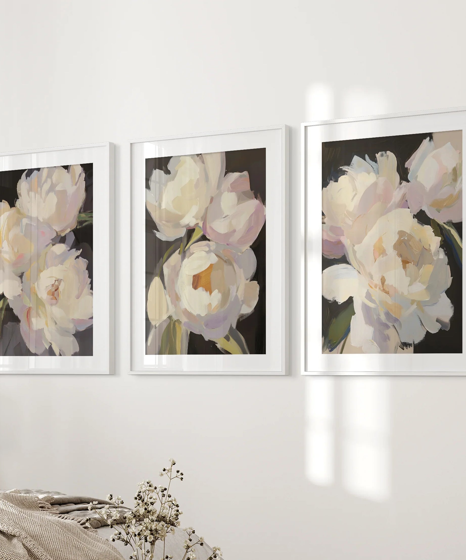 Moody Pink and White Peonies Art. Floral Set of 3 Prints