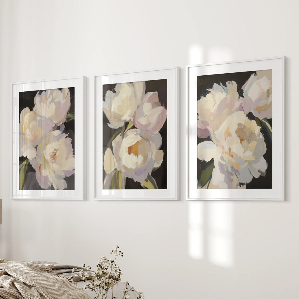 Moody Pink and White Peonies Art. Floral Set of 3 Prints