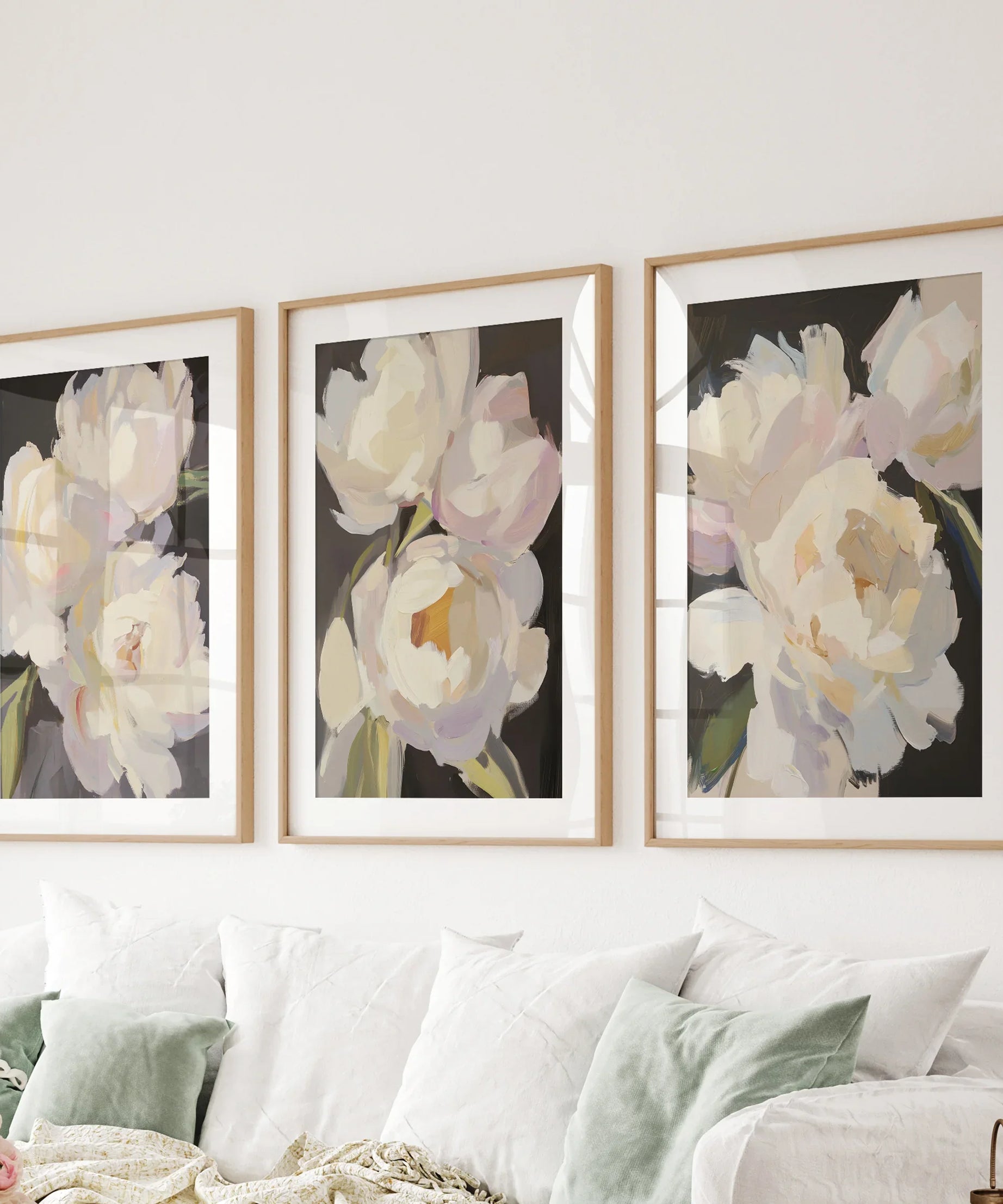 Moody Pink and White Peonies Art. Floral Set of 3 Prints