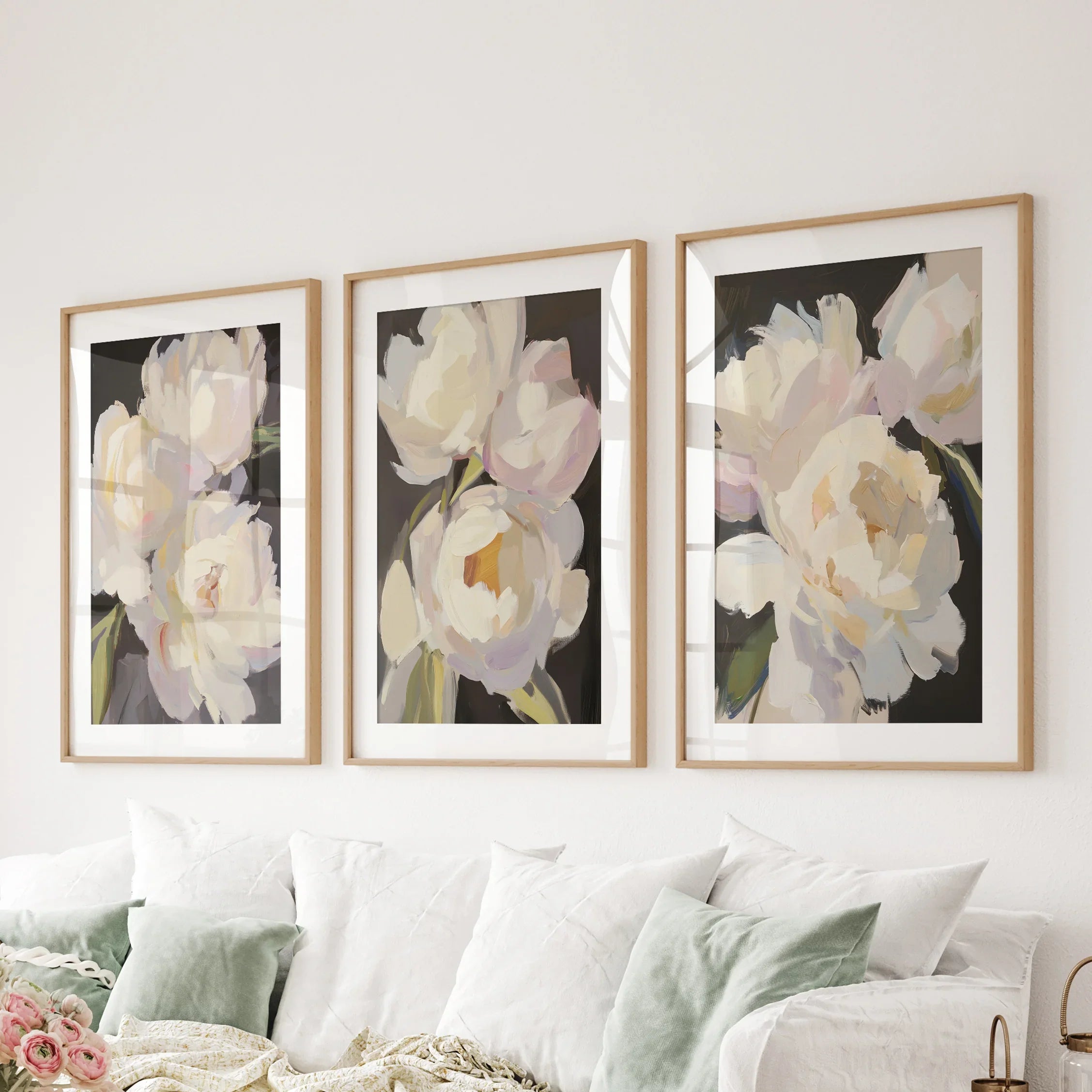 Moody Pink and White Peonies Art. Floral Set of 3 Prints