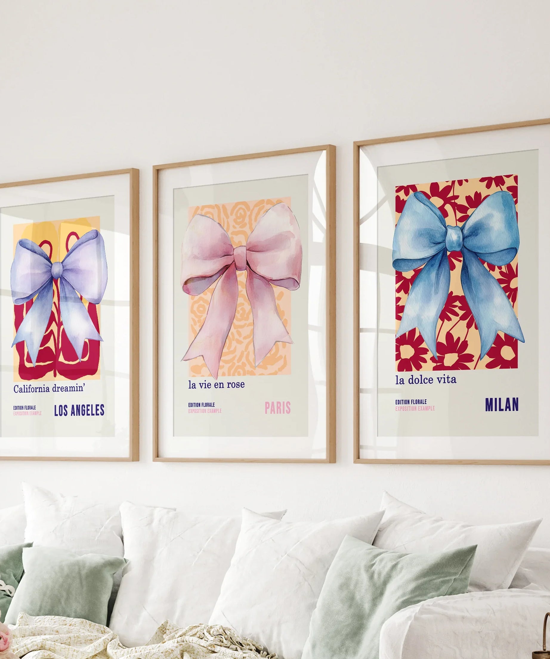 Girly Bow Wall Art Trio. Preppy Pastel Fashion Quotes Posters
