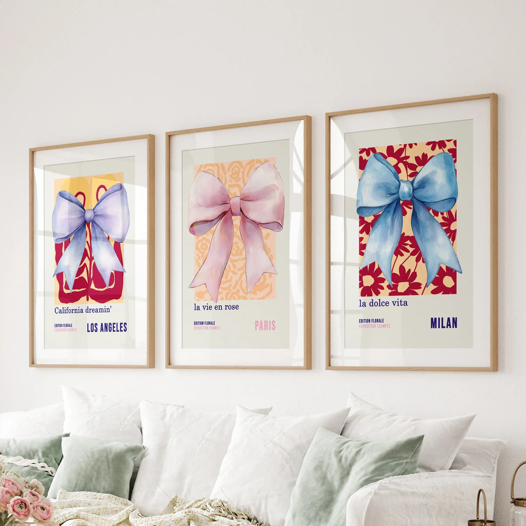 Girly Bow Wall Art Trio. Preppy Pastel Fashion Quotes Posters